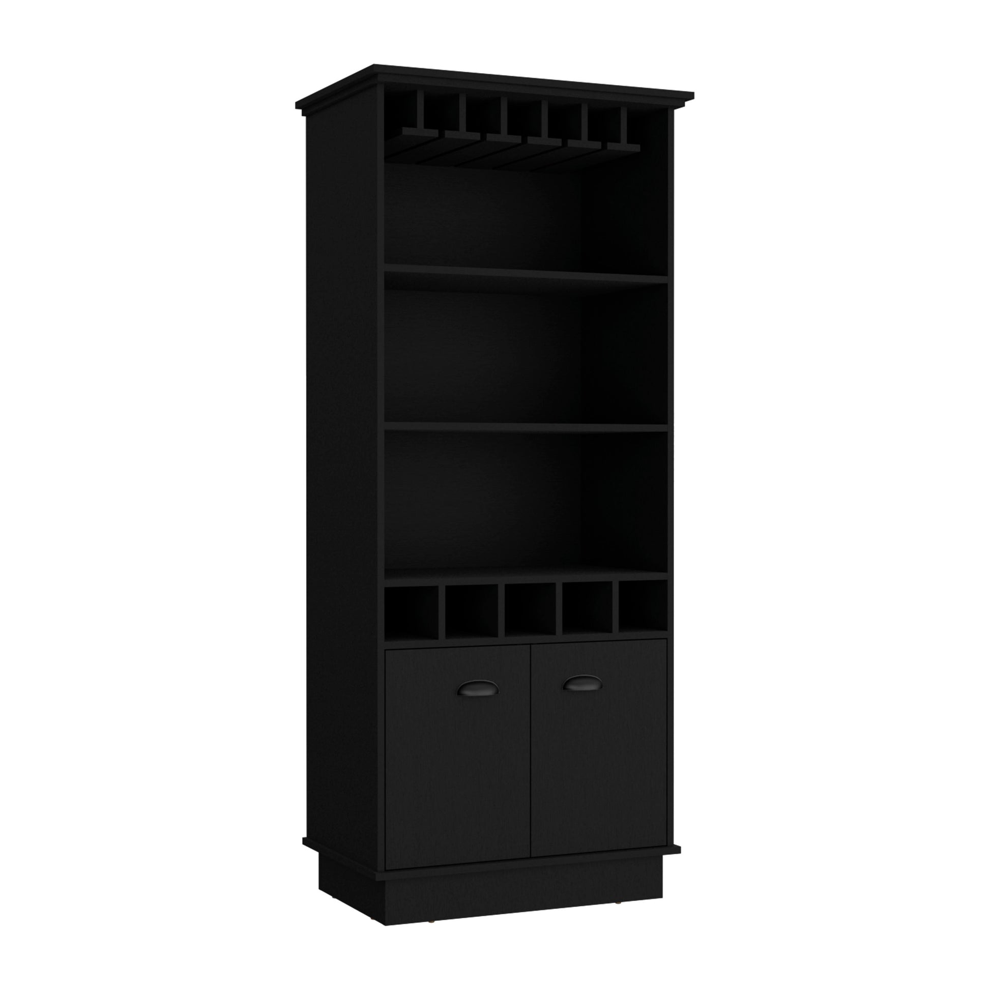 Tall black bar cabinet with glass rack and two lower cabinets