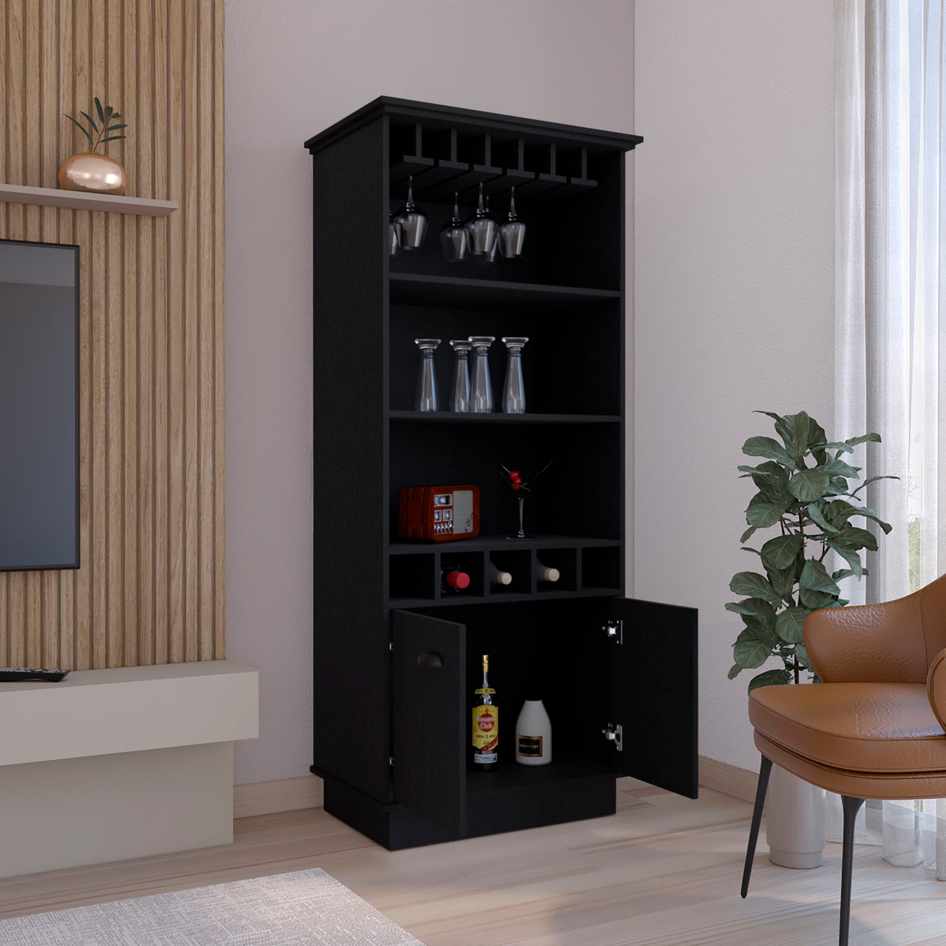 Black wooden bar cabinet with wine racks glass holders and storage shelves