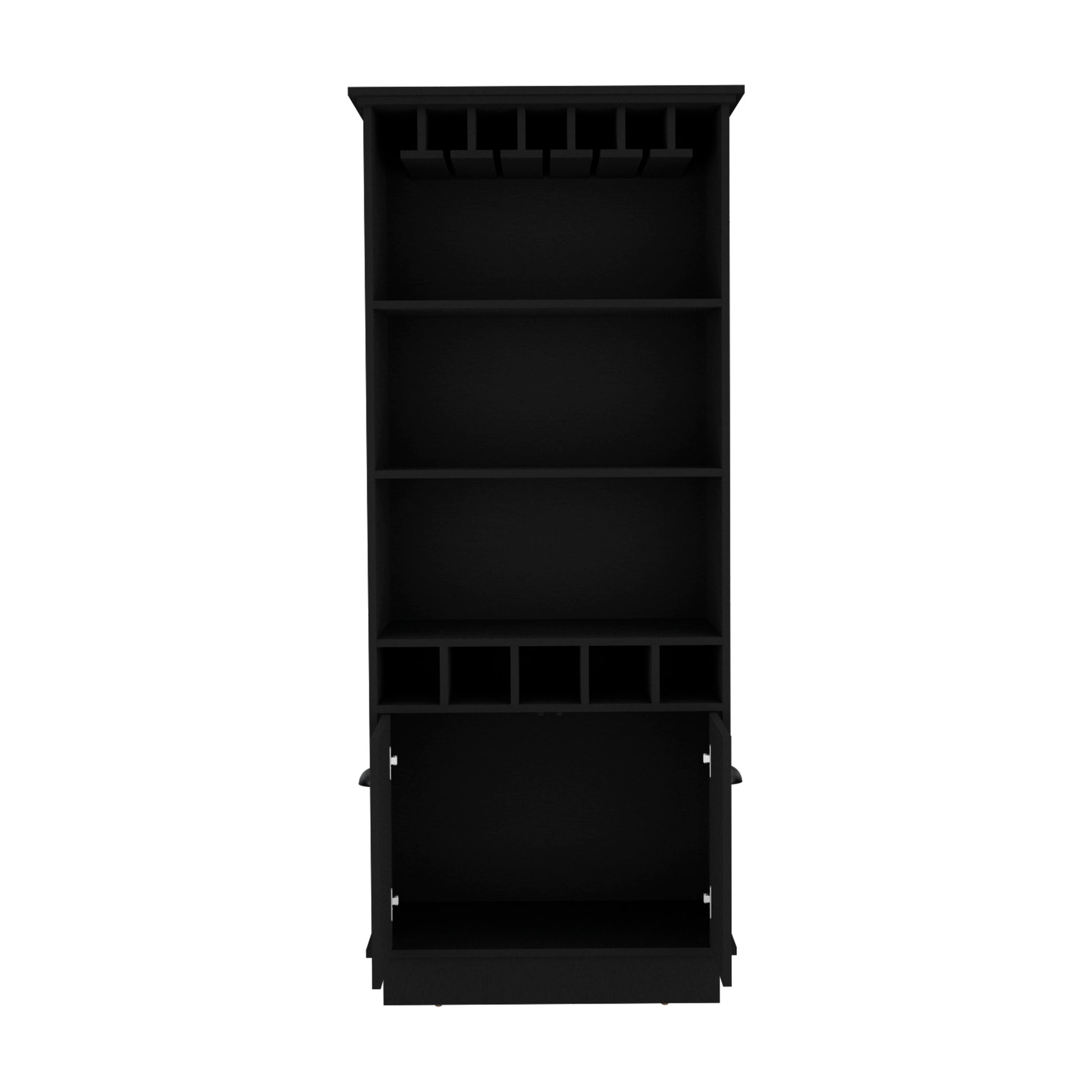 Black modern bar cabinet with wine glass rack and open cabinet doors ideal for home bar setup