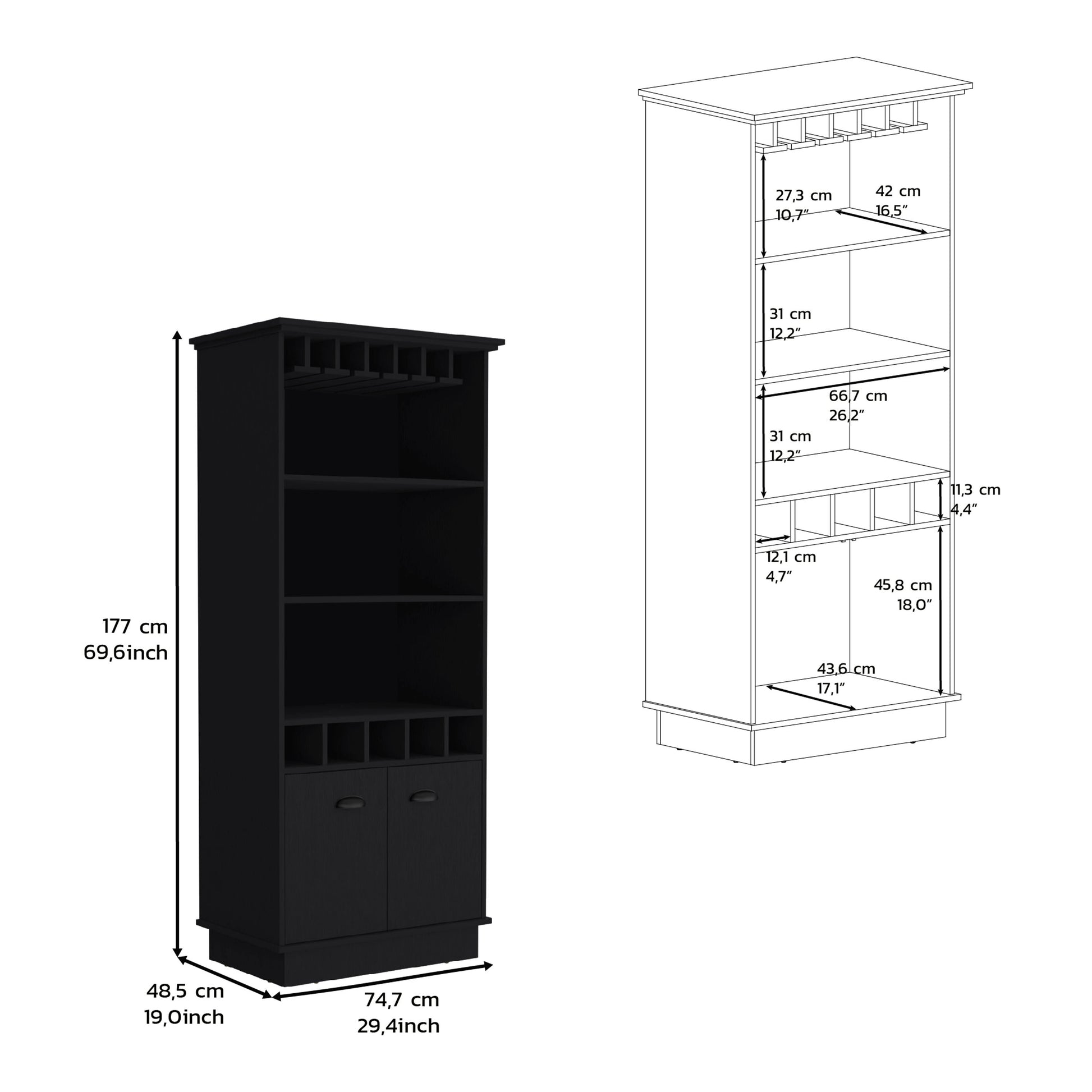 Tall black bar cabinet with shelves and wine glass rack