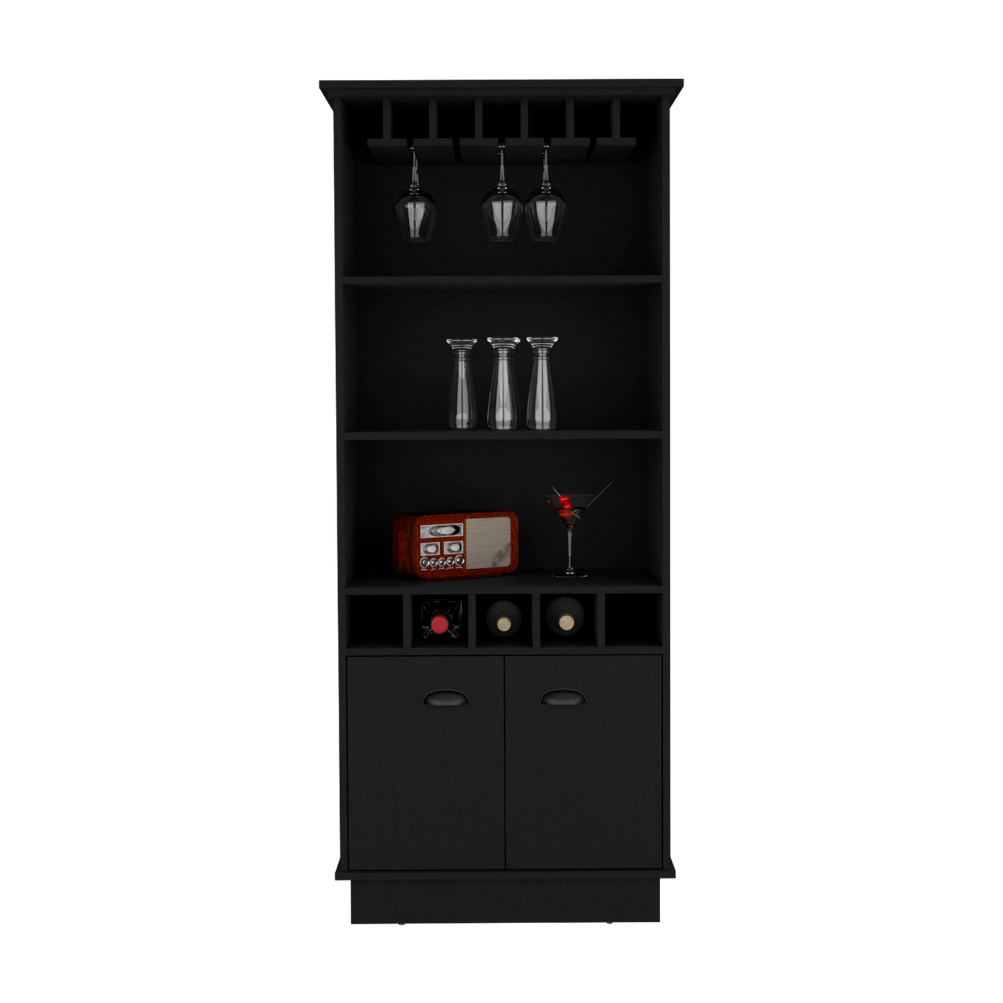 Black modern bar cabinet with wine rack glass holders and storage drawers