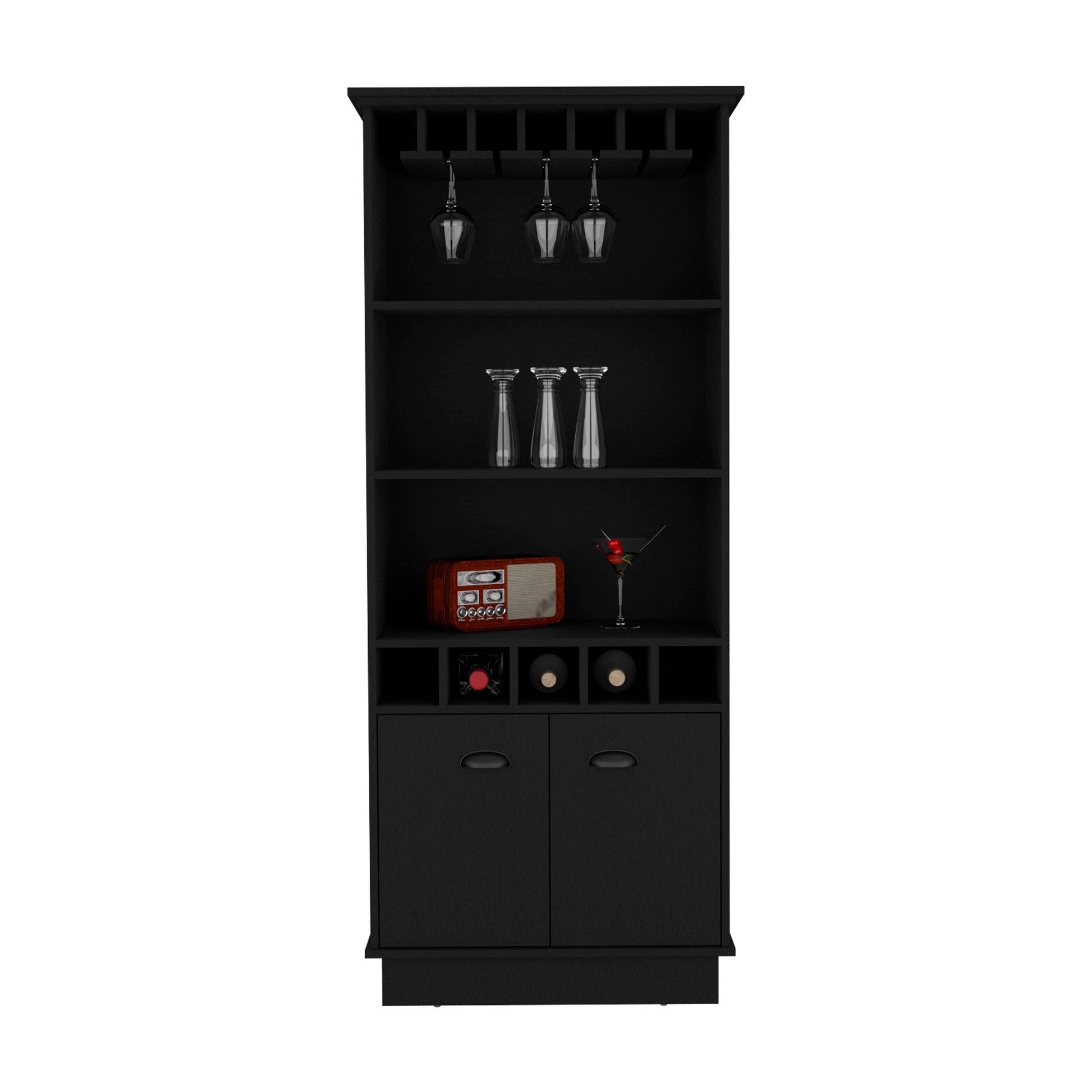 Black modern bar cabinet with wine rack glass holders and storage drawers