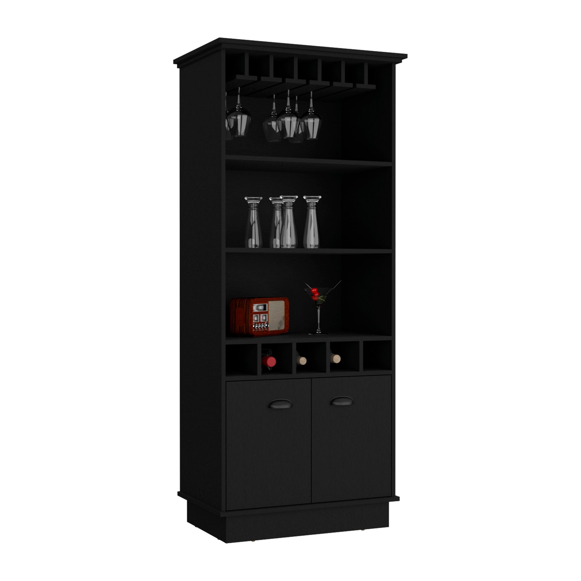 Black modern bar cabinet with glass racks wine bottle holders and two lower cabinets