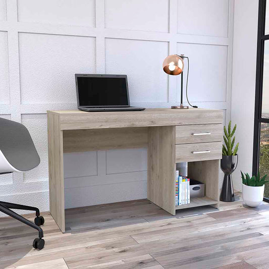 Modern grey wood veneer computer desk with laptop and desk lamp