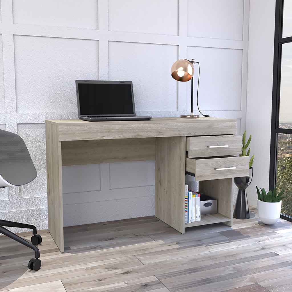 Modern oak laminate writing desk with laptop and lamp