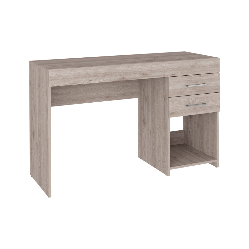 Wooden desk with two drawers and an open shelf in light oak finish