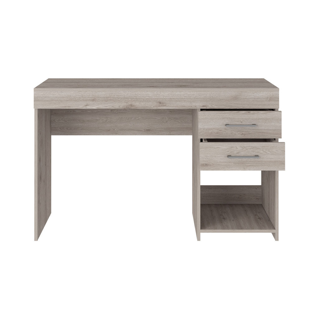 Modern light wood laminate desk with two drawers and open shelf space