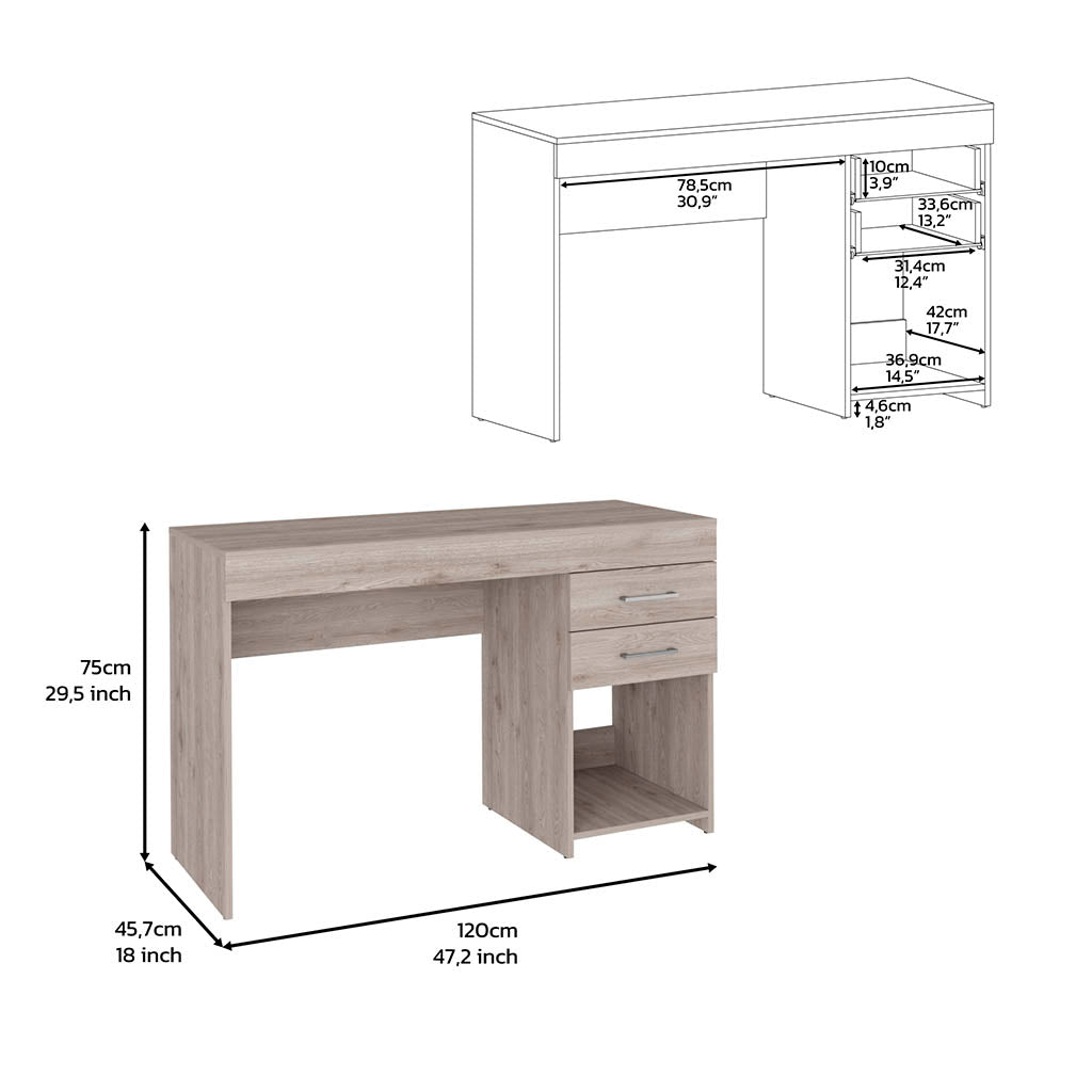 Modern light wood computer desk with two drawers and open shelf