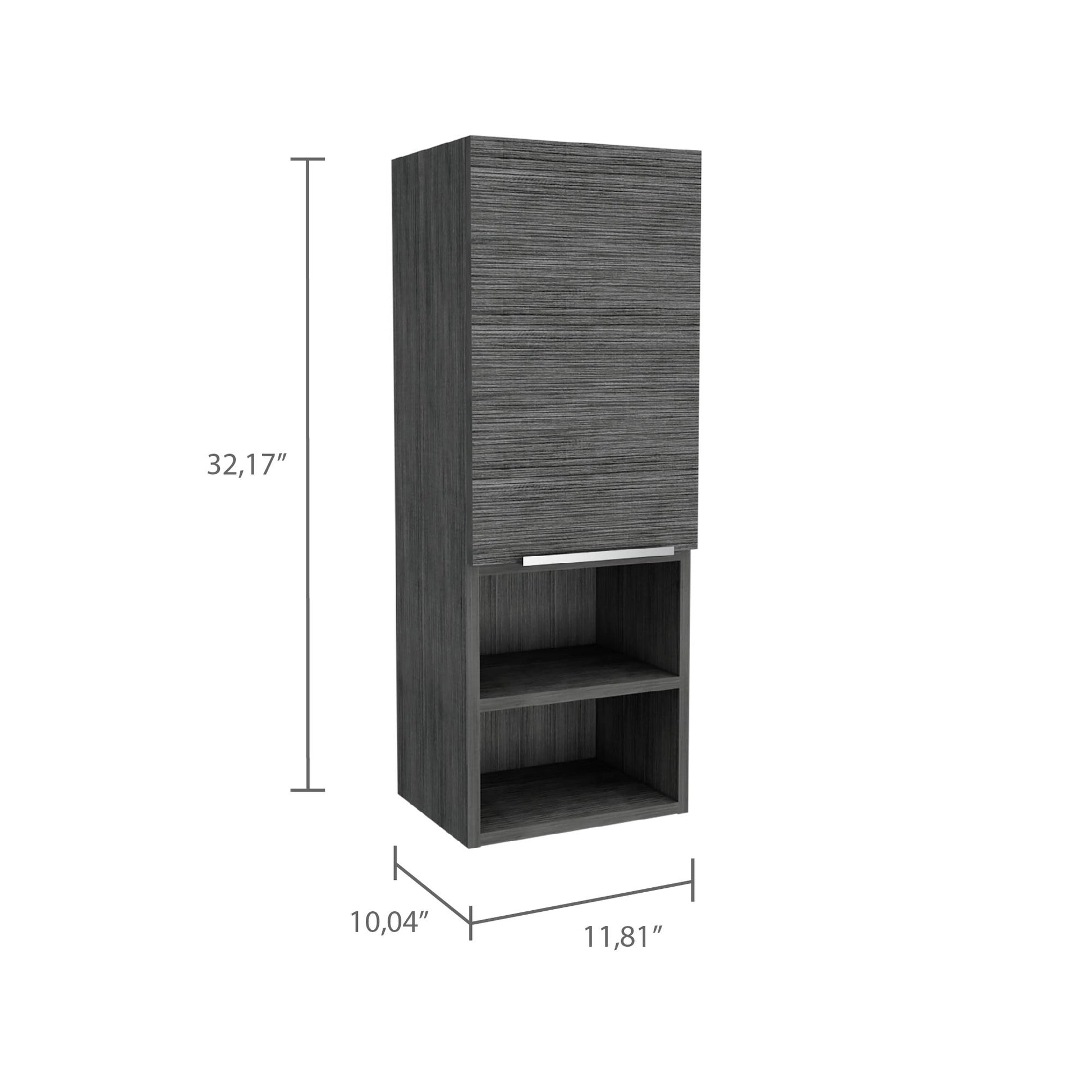 Dark grey wood grain tall cabinet with open shelves and silver handle