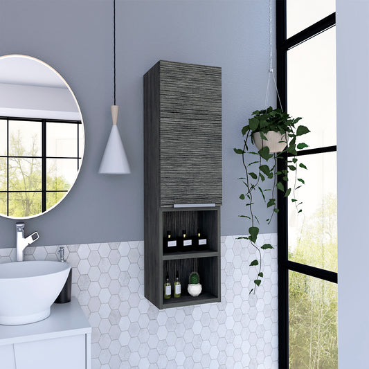 Modern dark grey woodgrain wall cabinet with open shelving for bathroom storage