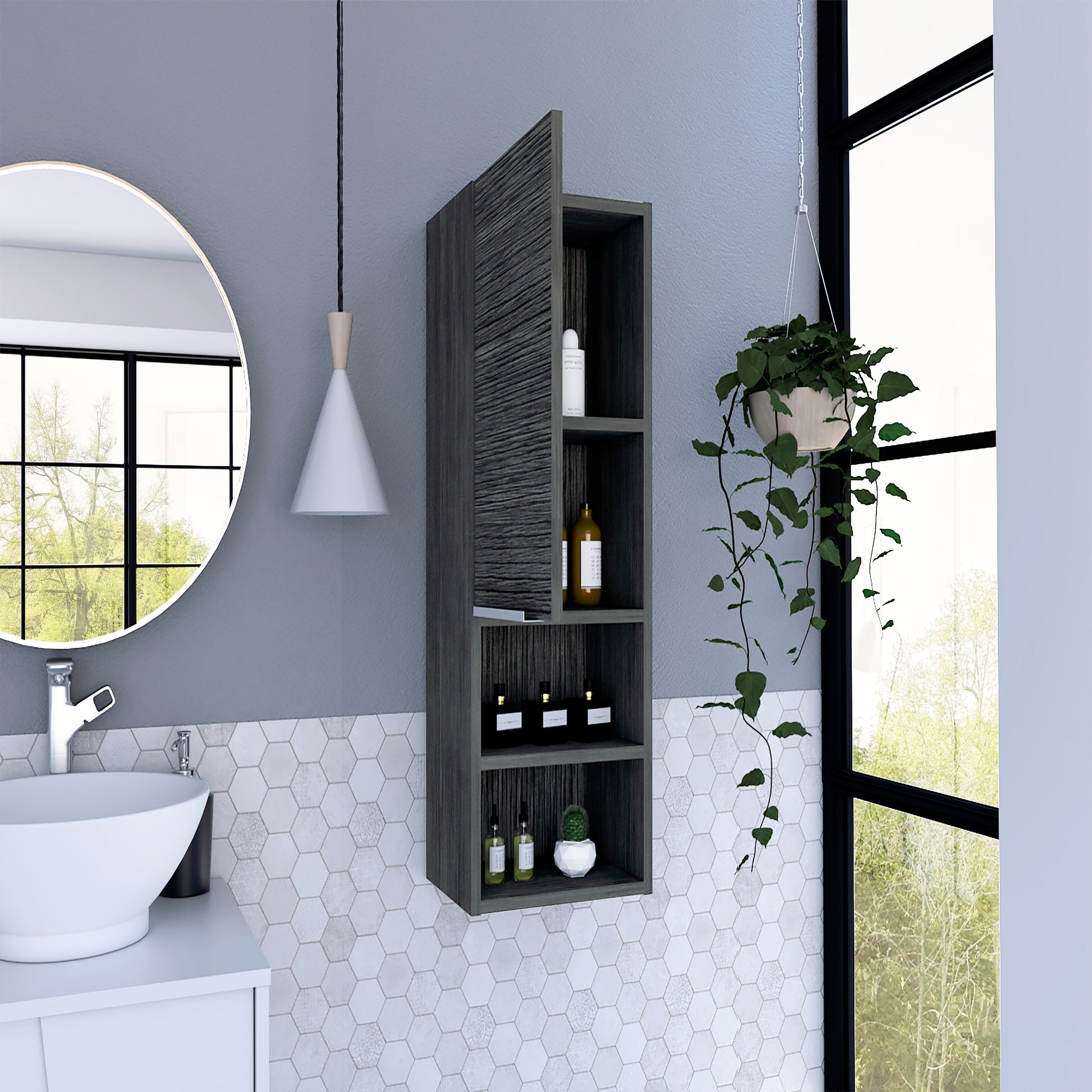 Dark gray modern wall cabinet with textured door ideal for bathroom storage
