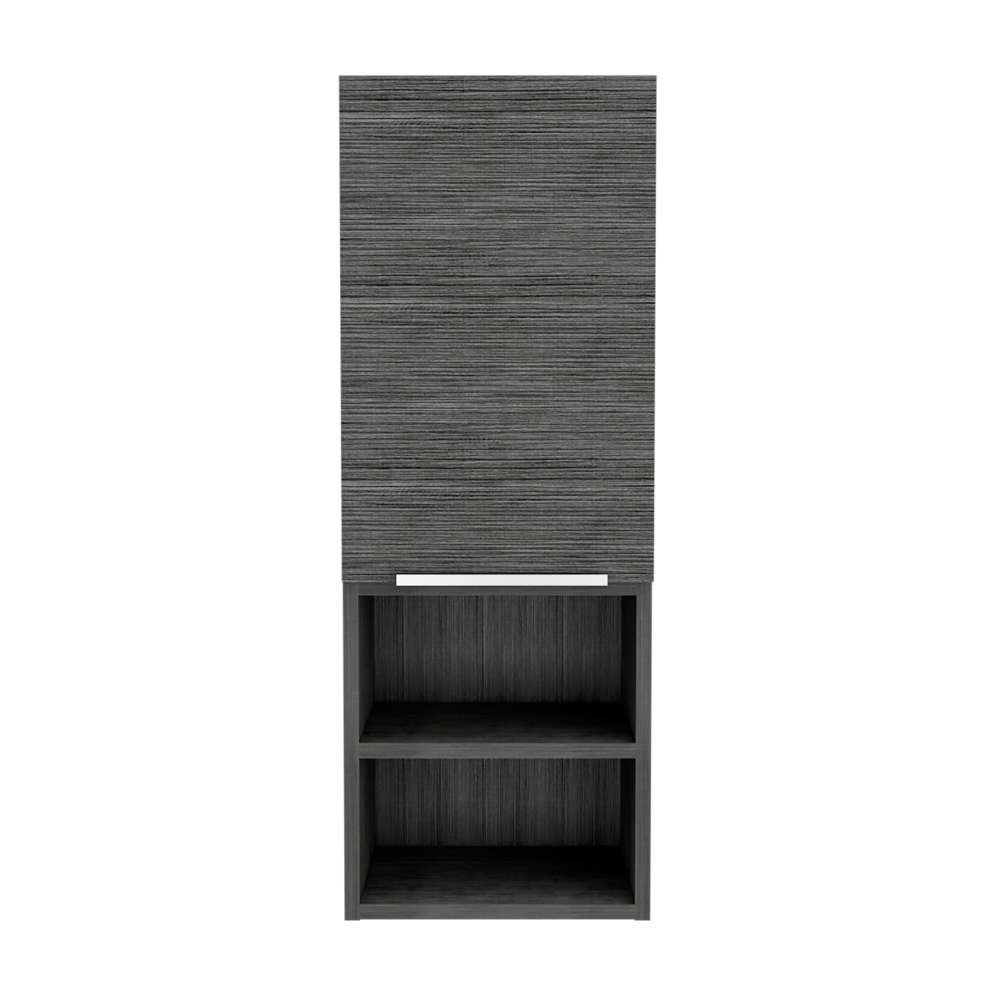 Tall gray wood veneer cabinet with two open shelves