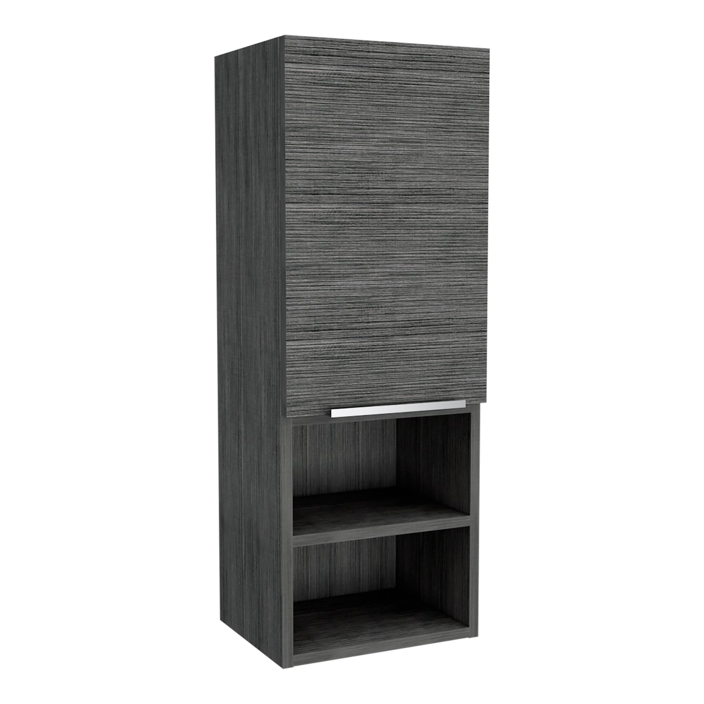 Tall grey wood grain cabinet with one door and two open shelves below perfect for bathroom storage