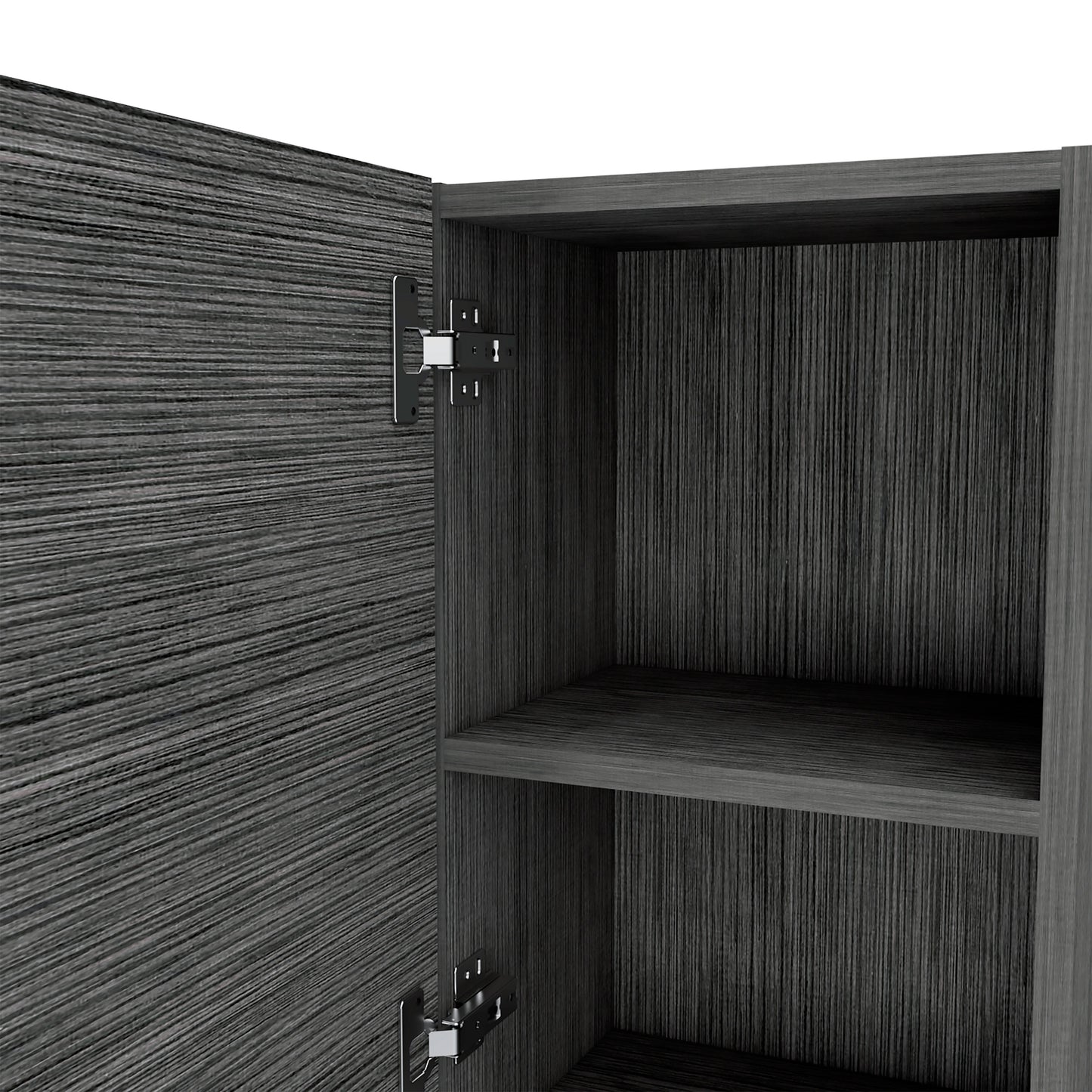 Modern dark gray wood grain cabinet interior with silver hinge detail