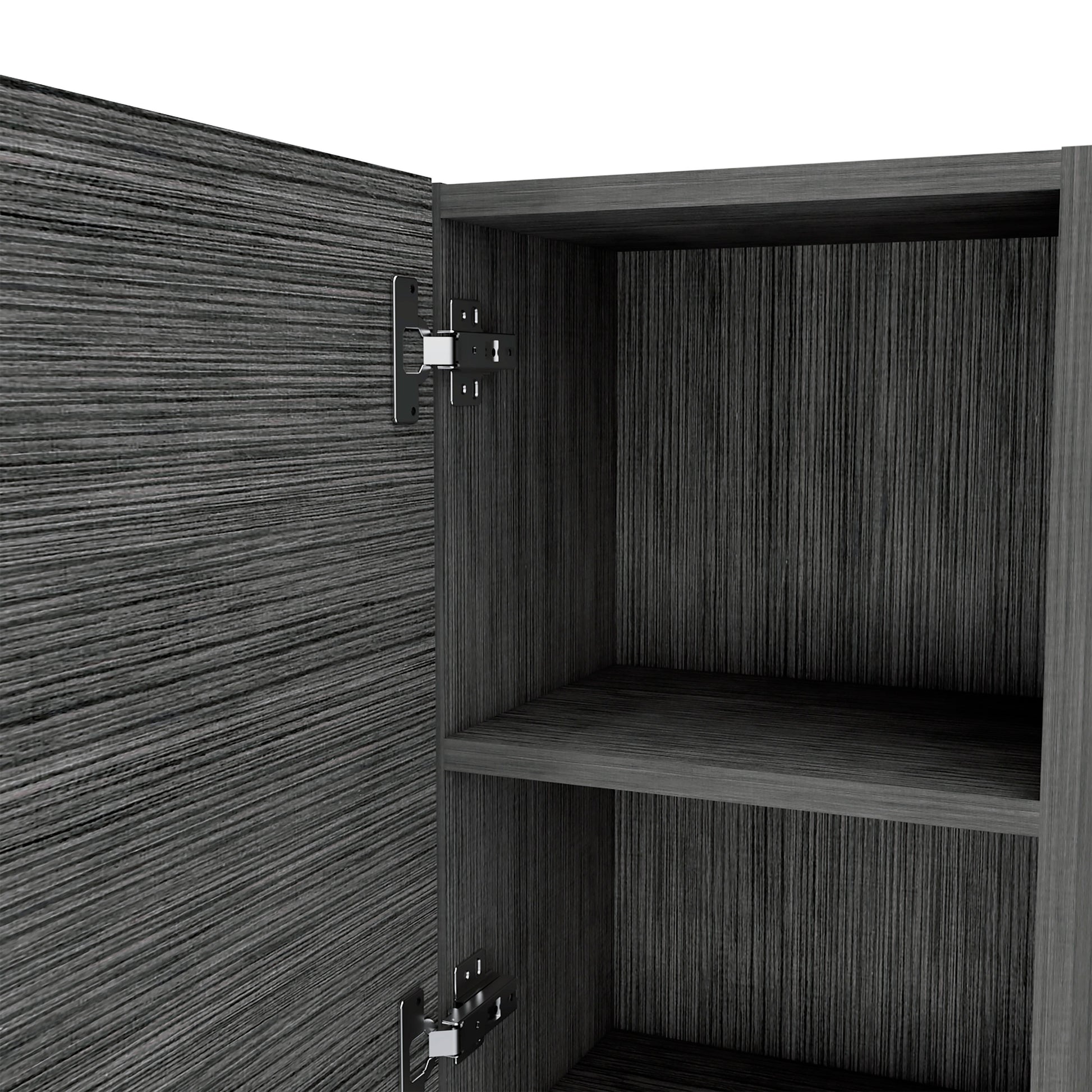 Modern dark gray wood grain cabinet interior with silver hinge detail
