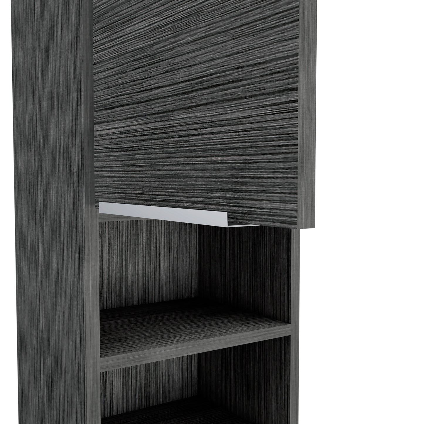 Dark gray wood grain cabinet with open shelf and liftup door