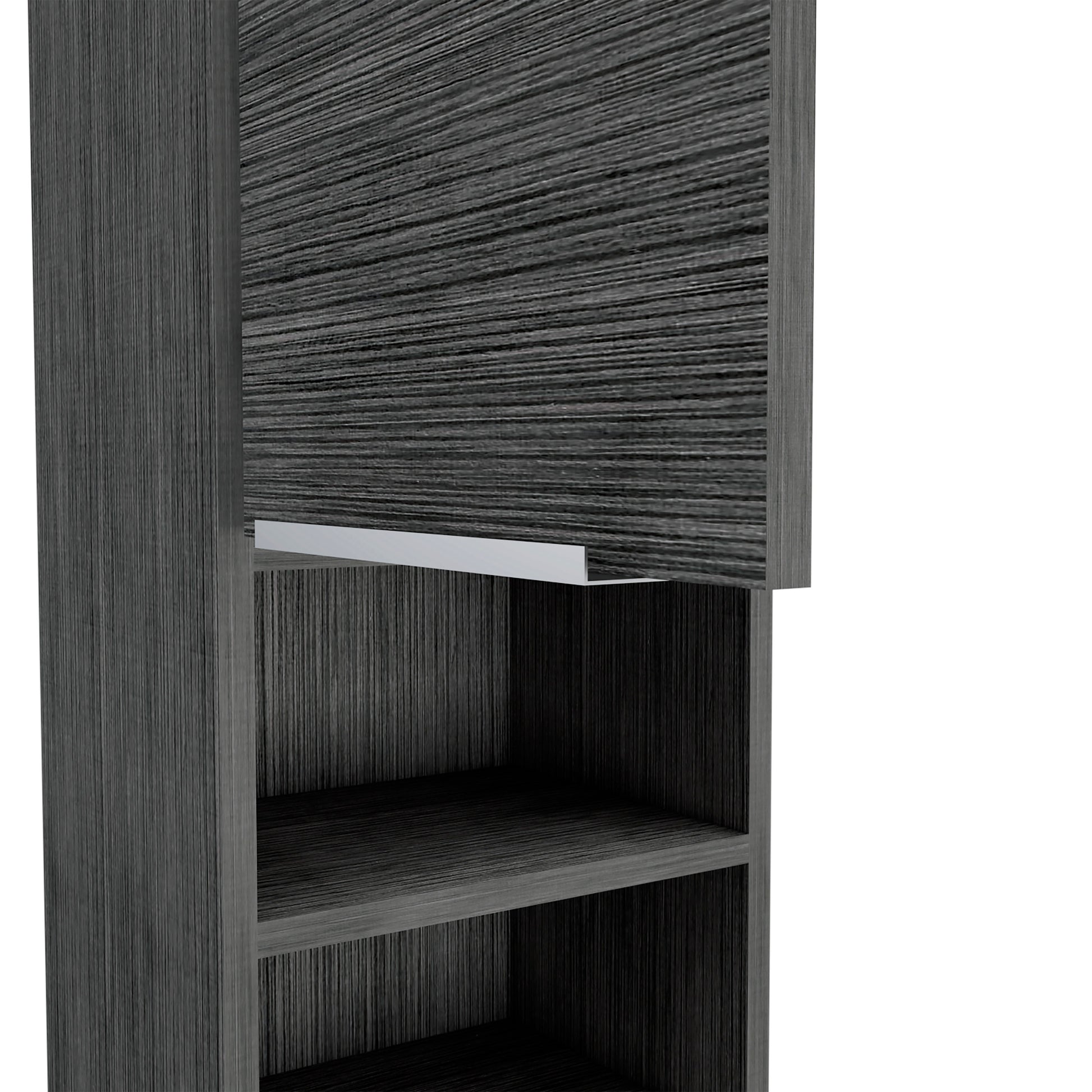 Dark gray wood grain cabinet with open shelf and liftup door