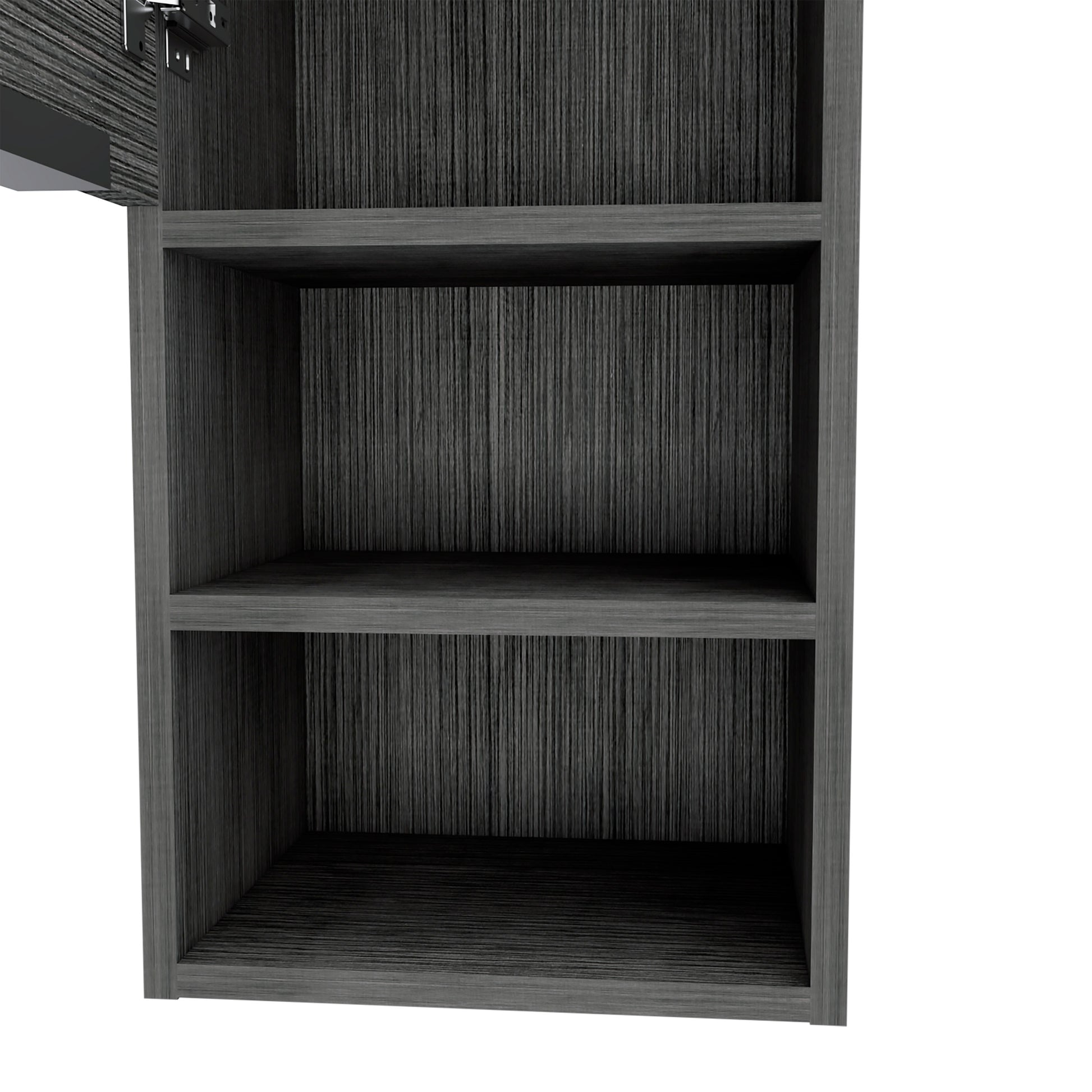 Modern dark grey wood veneer bookshelf with three open shelves perfect for home organization