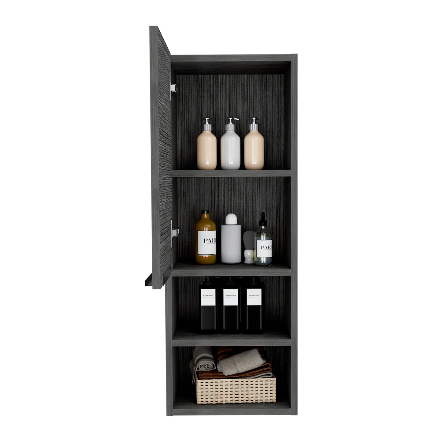 Gray wood bathroom cabinet with open door three beige and white dispensers on top shelf