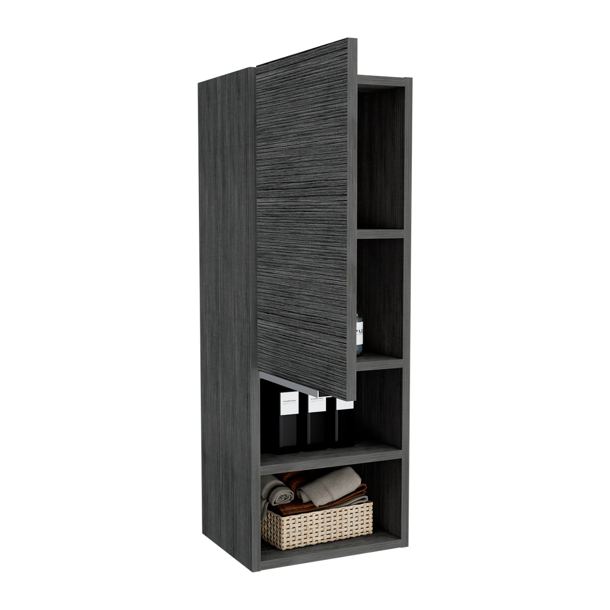 Tall grey wood storage cabinet with open shelves and one door showing bath towels and bottles