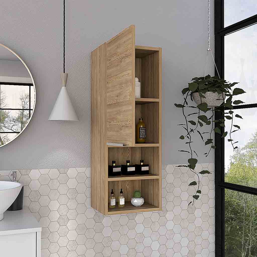 Wall mounted wooden bathroom cabinet with open shelves displaying bottles