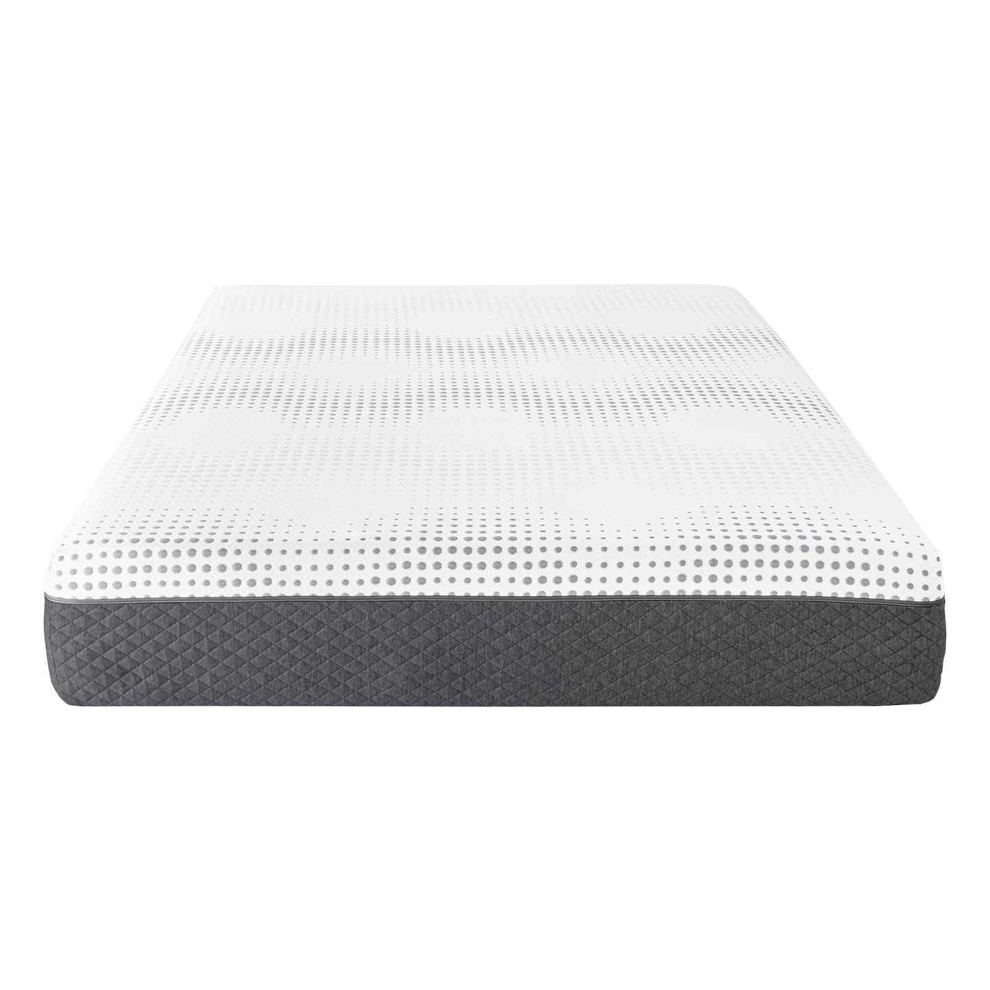 White mattress with gray quilted sides and a subtle gray dot pattern on top