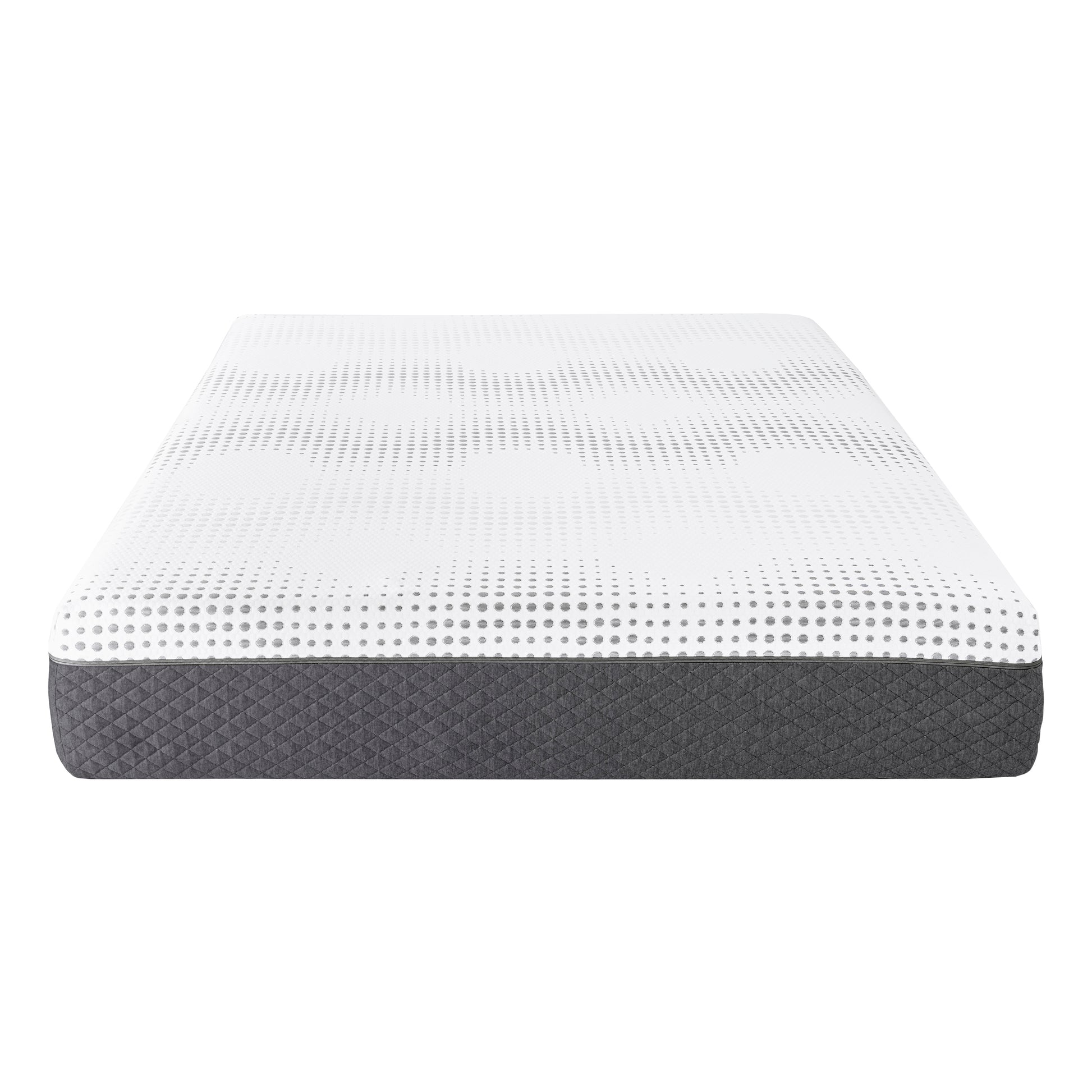 White mattress with gray quilted sides and a subtle gray dot pattern on top