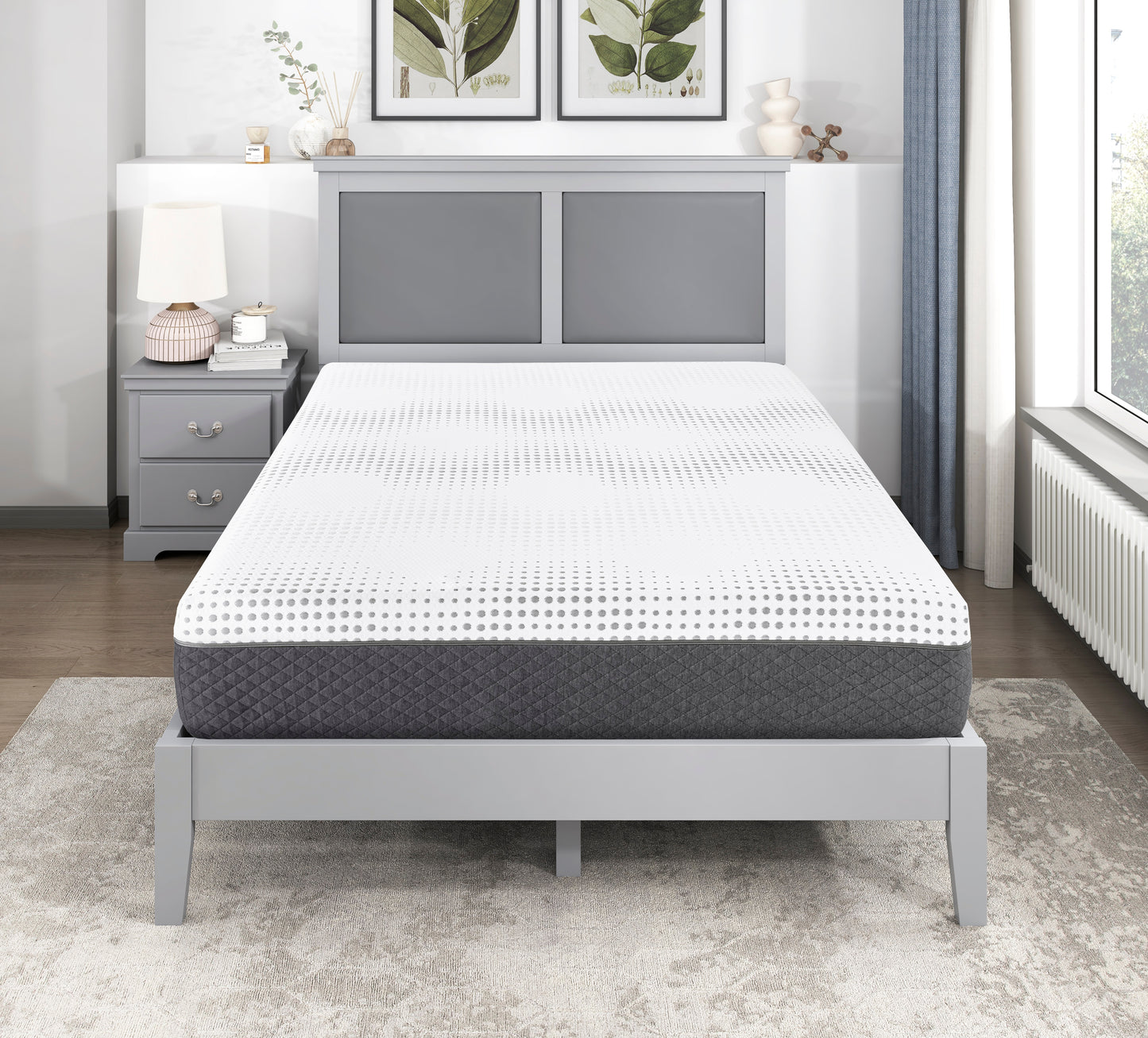 White gel memory foam mattress with grey quilted sides and circular pattern