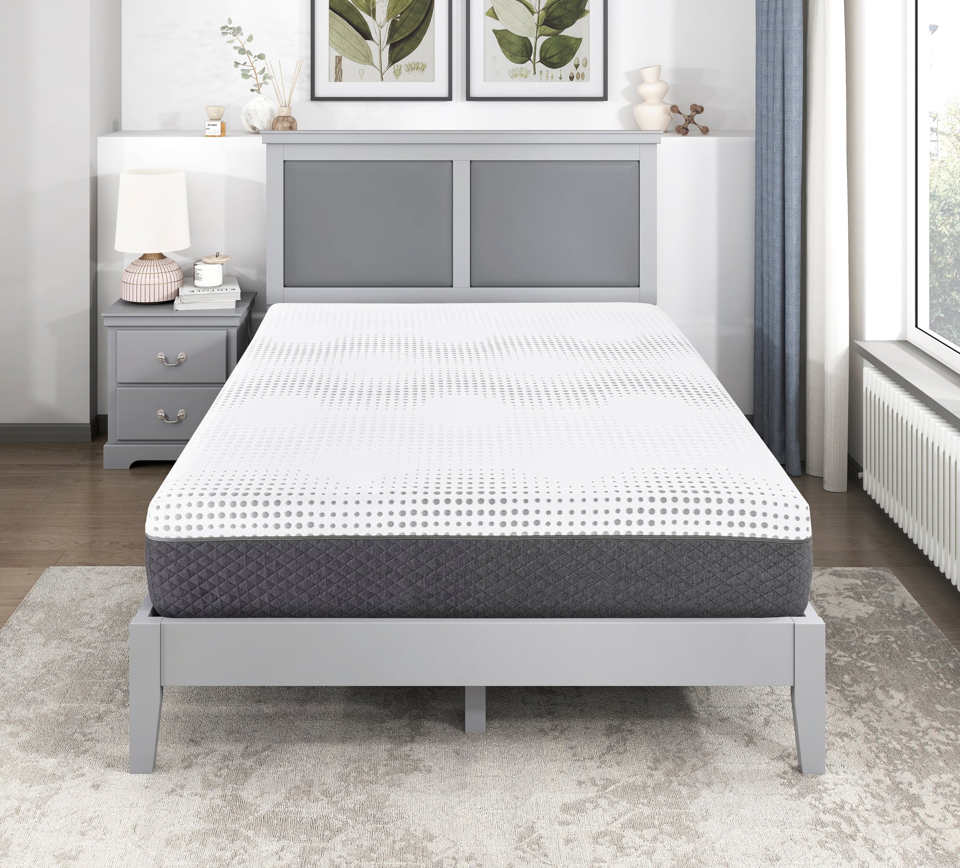 White gel memory foam mattress with grey quilted sides and circular pattern