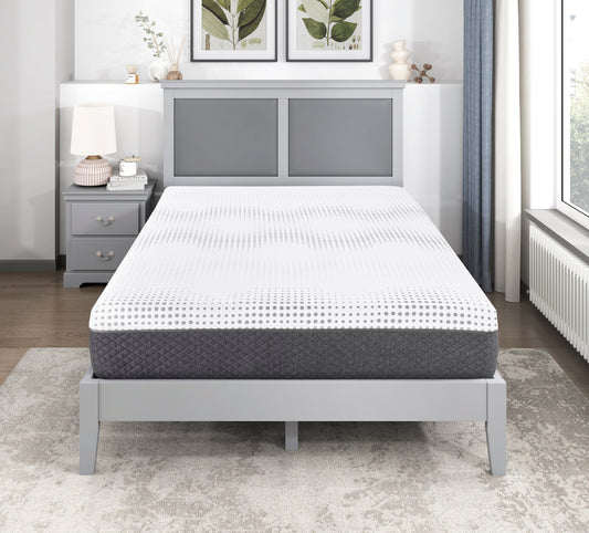 White gel memory foam mattress with grey quilted sides and circular pattern