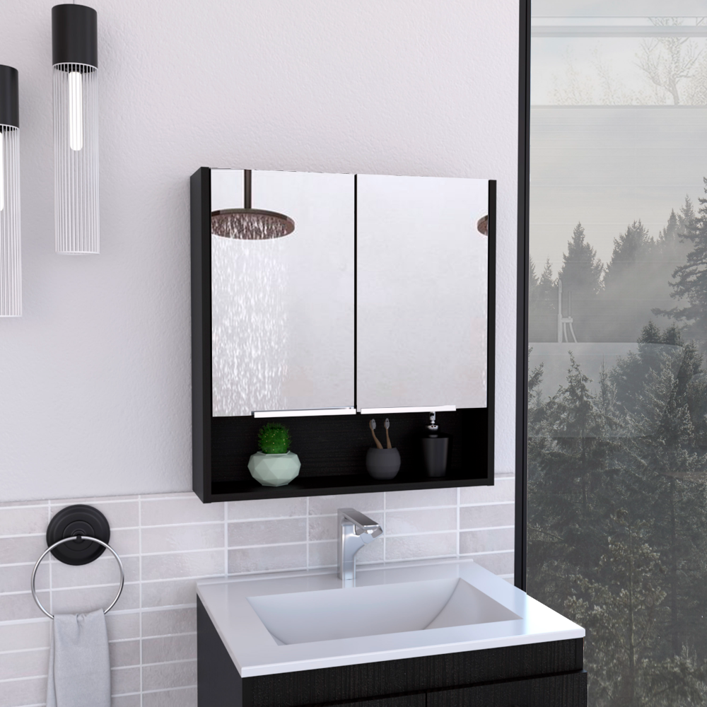 Modern black medicine cabinet with dual mirrored doors and open shelf