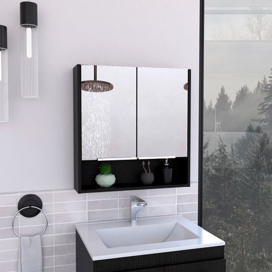 Modern black medicine cabinet with dual mirrored doors and open shelf