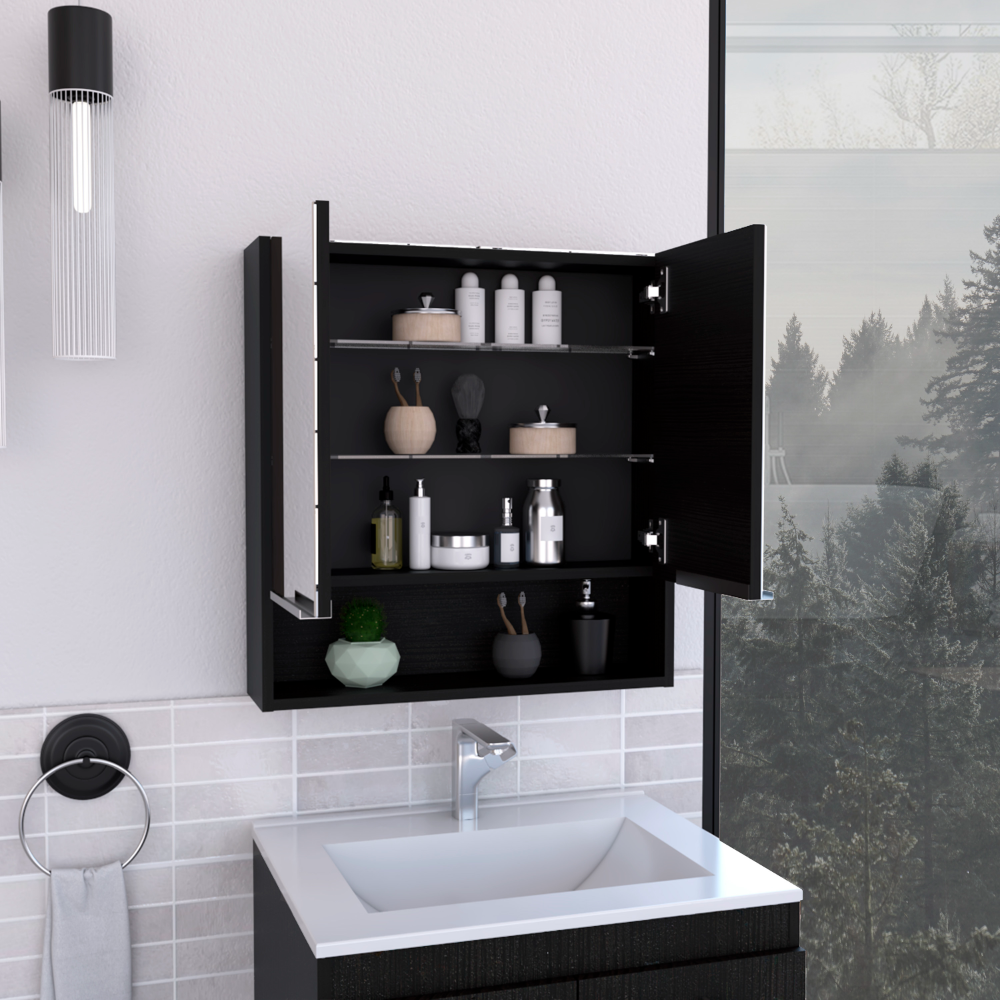 Open black medicine cabinet filled with toiletries toothbrushes and skincare products