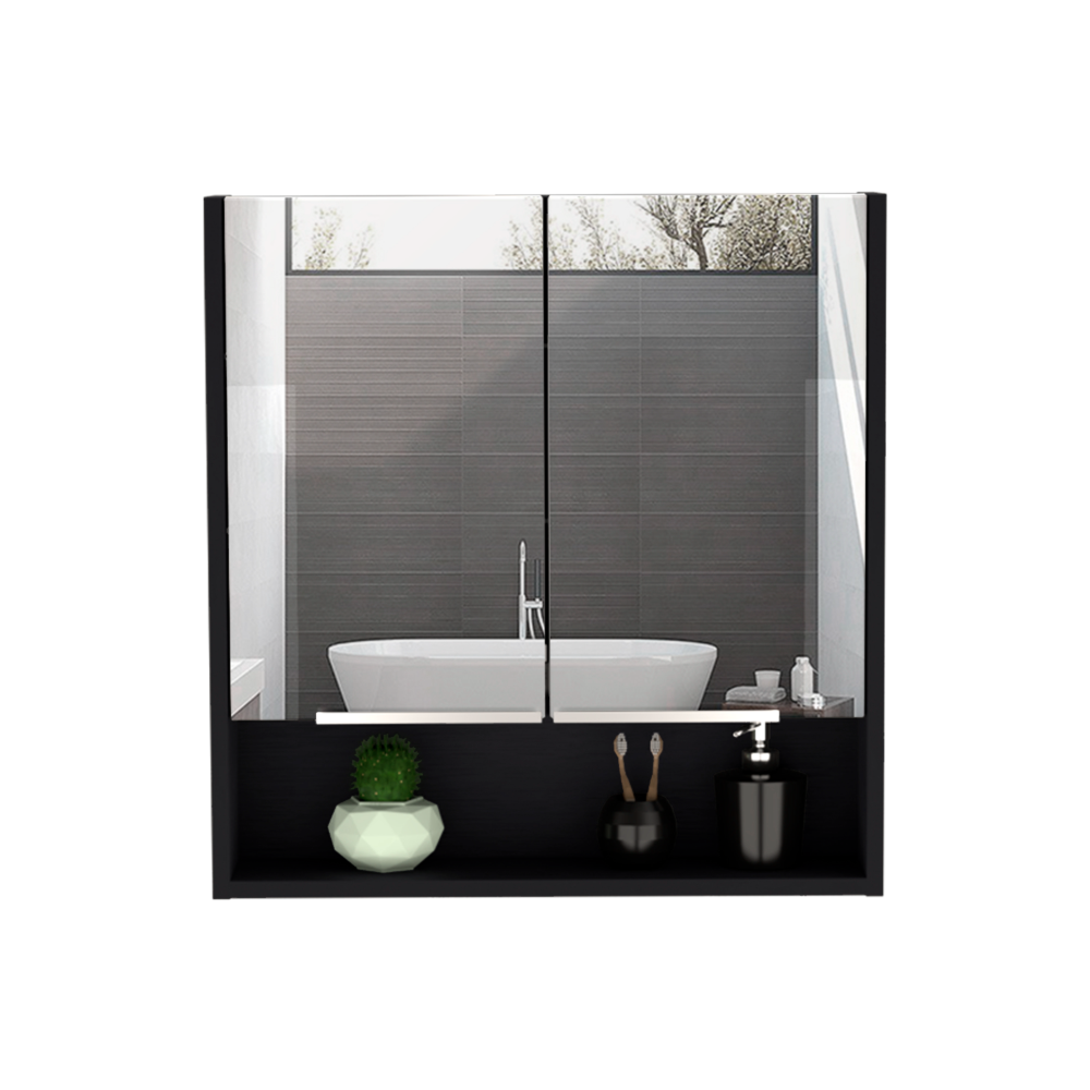 Modern black bathroom medicine cabinet with mirrored doors and open shelf