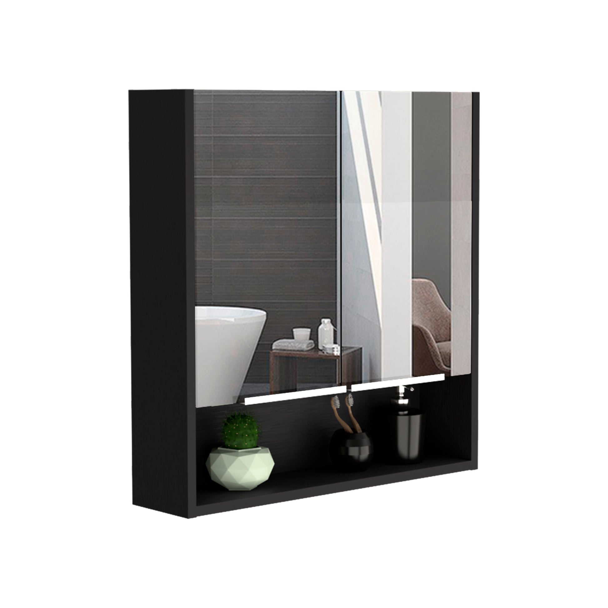 Modern black medicine cabinet with mirrored door and open shelf below for storage