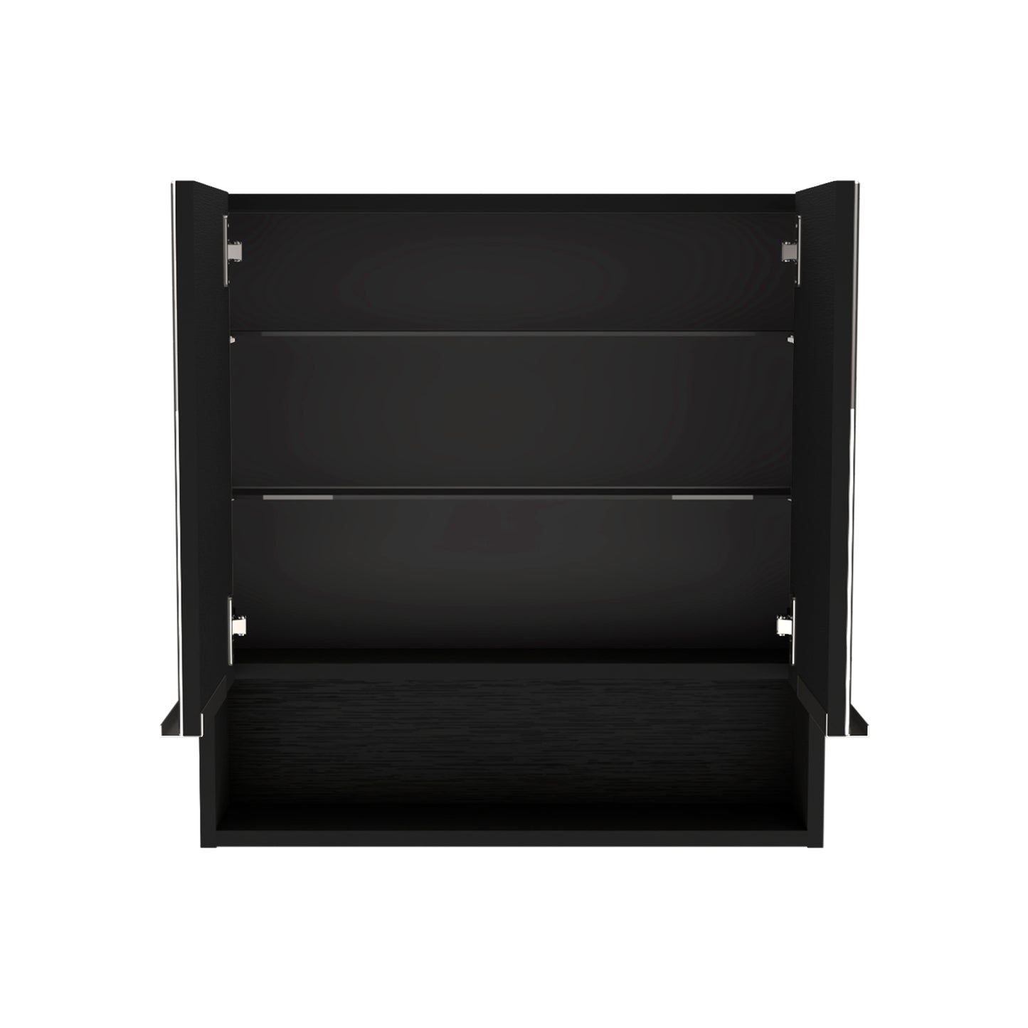 Black wooden storage cabinet with two open doors and three shelves for home organization