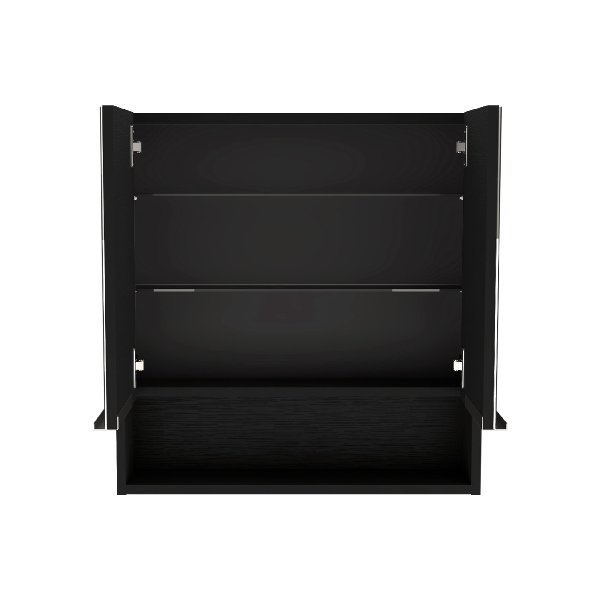 Black wooden storage cabinet with two open doors and three shelves for home organization
