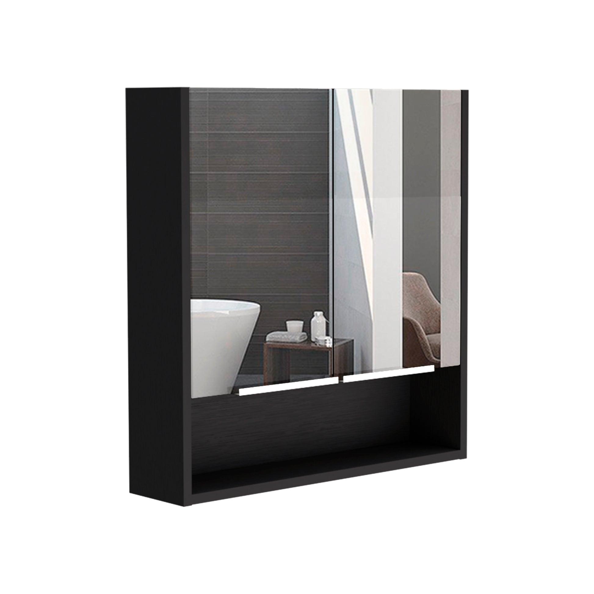 Black modern medicine cabinet with mirrored door reflective interior and open shelf