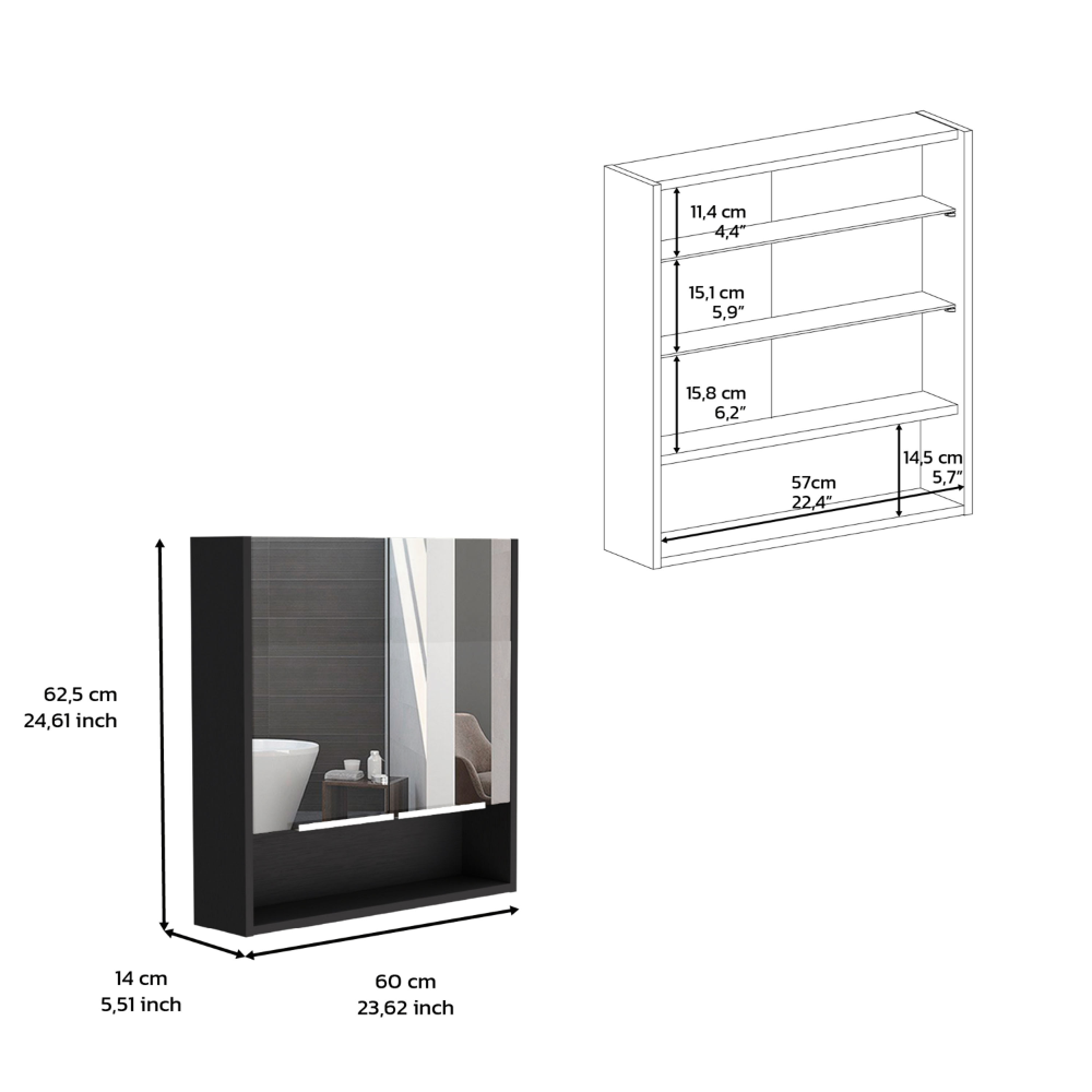 Black modern bathroom cabinet with mirrored doors and open shelf