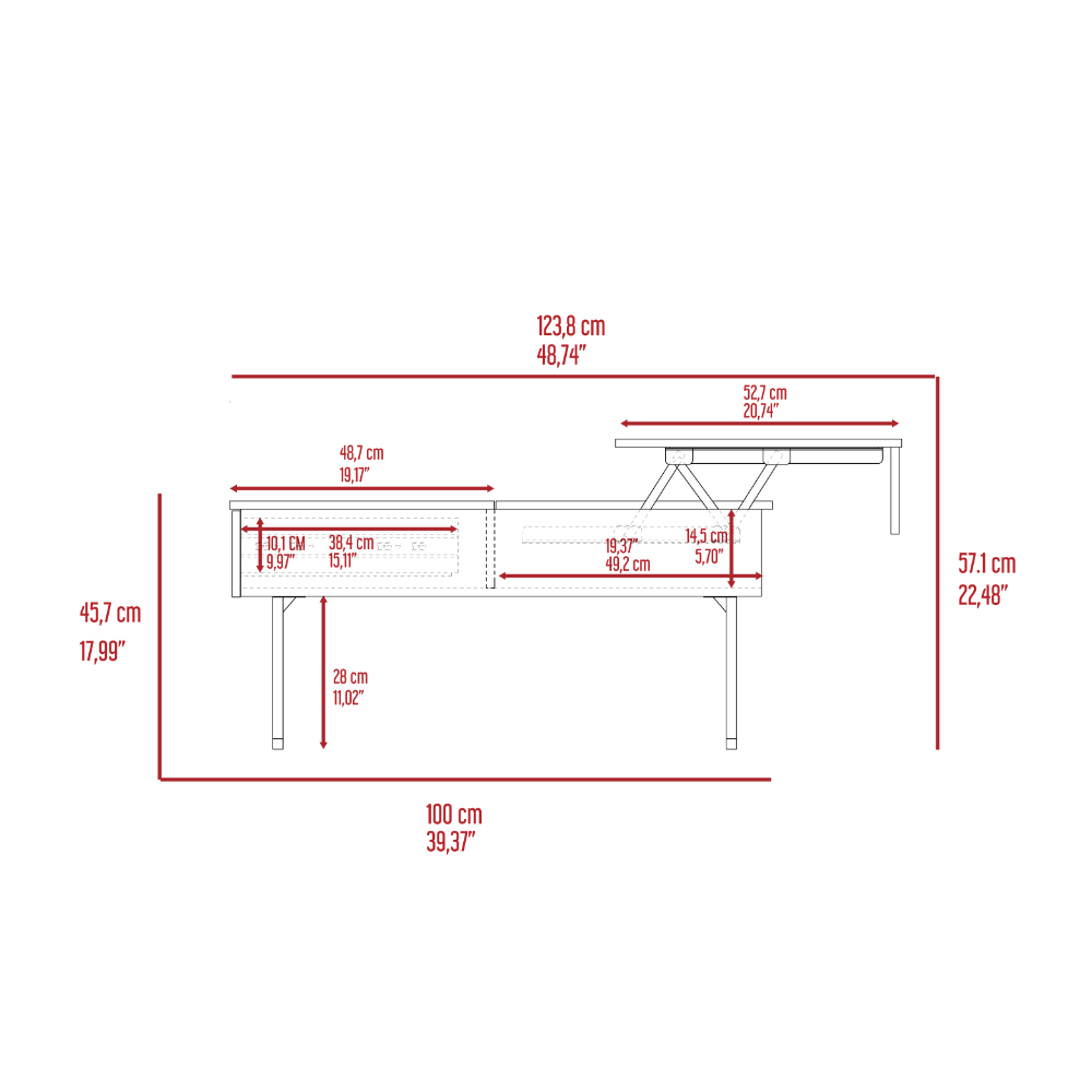 Diagram of a lifttop coffee table with detailed dimensions in cm and inches