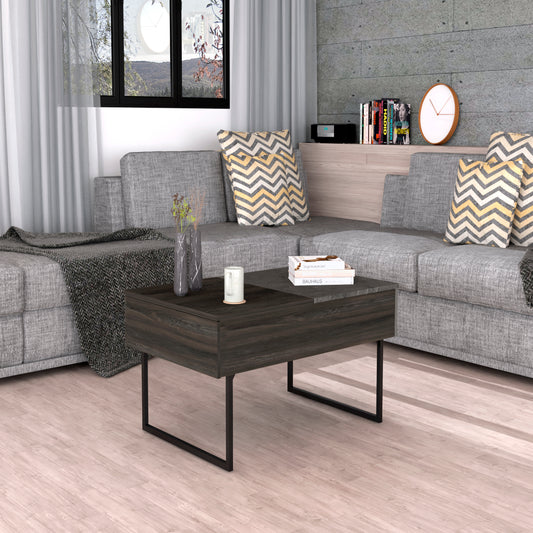 Modern dark wood coffee table with metal legs in a living room setting