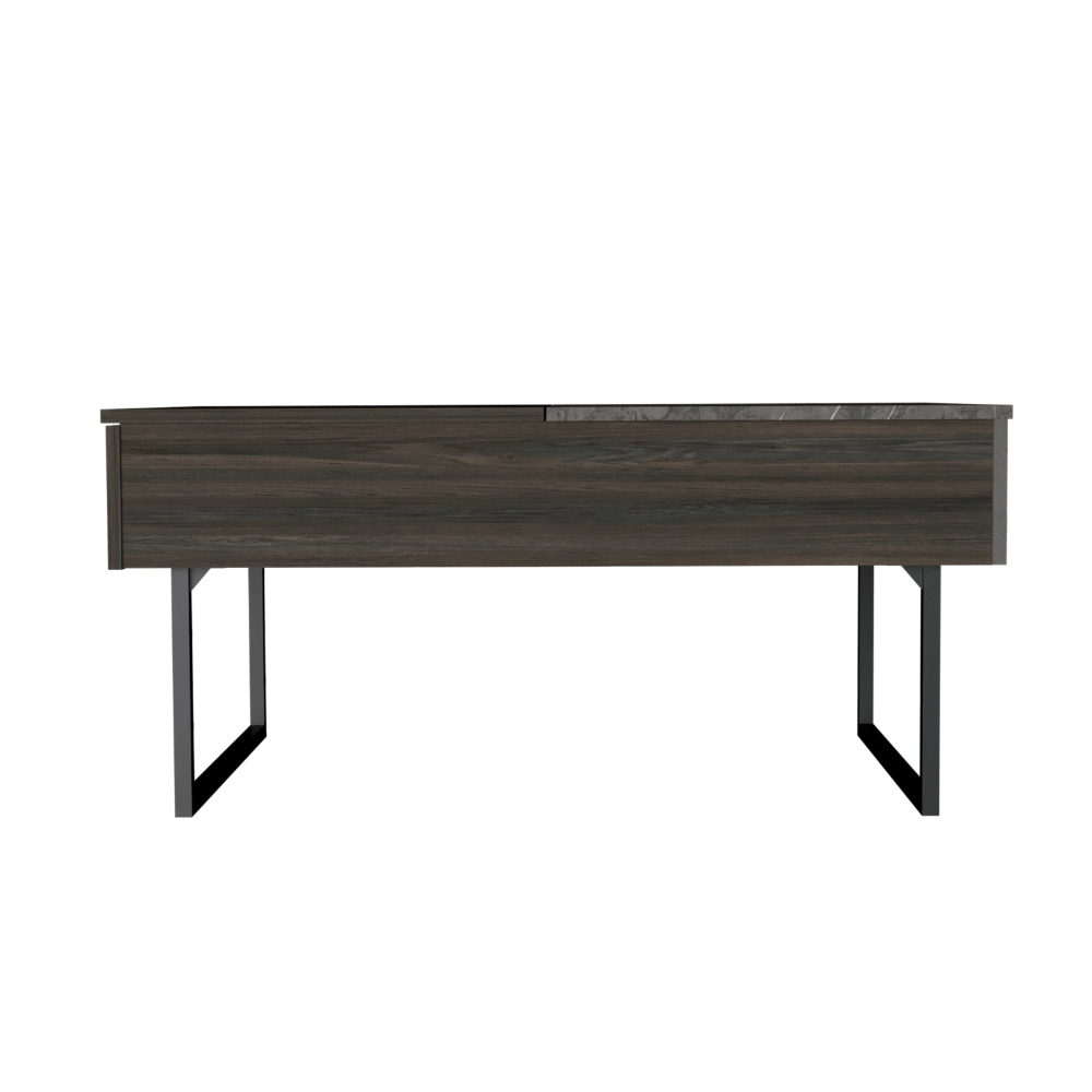Modern dark wood console table with marble top and black metal legs