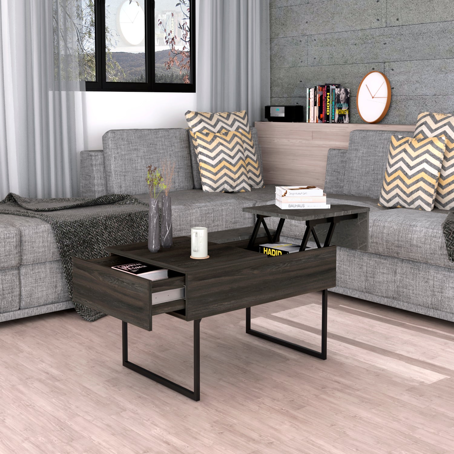 Dark wood lifttop coffee table with open drawer and storage space