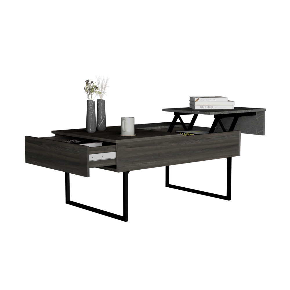 Dark wood lift top coffee table with open drawer and marble accents