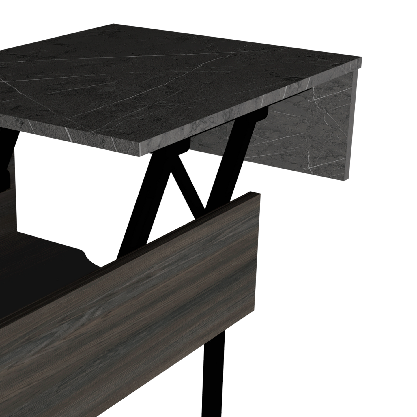 Modern lift top coffee table with dark wood base and faux marble top