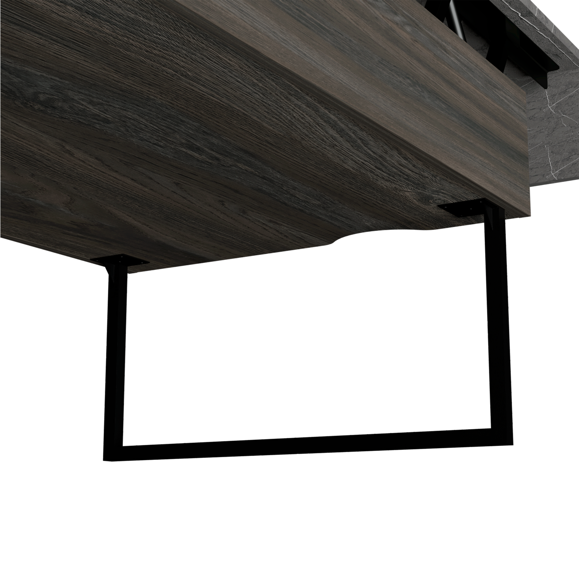 Dark wood veneer tabletop with visible grain texture and black metal support legs