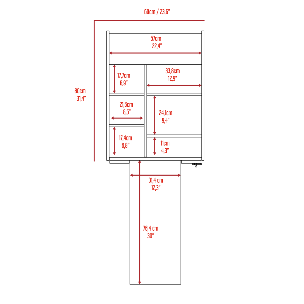 Diagram of a cabinet with detailed dimensions in cm and inches for all compartments