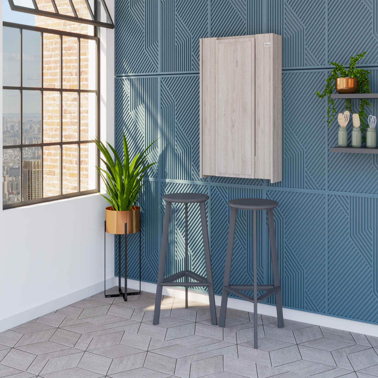 Light wood wall cabinet with minimalist design mounted above dark grey bar stools