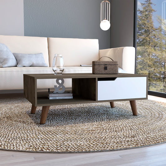 Modern dark wood coffee table with white drawer and angled legs