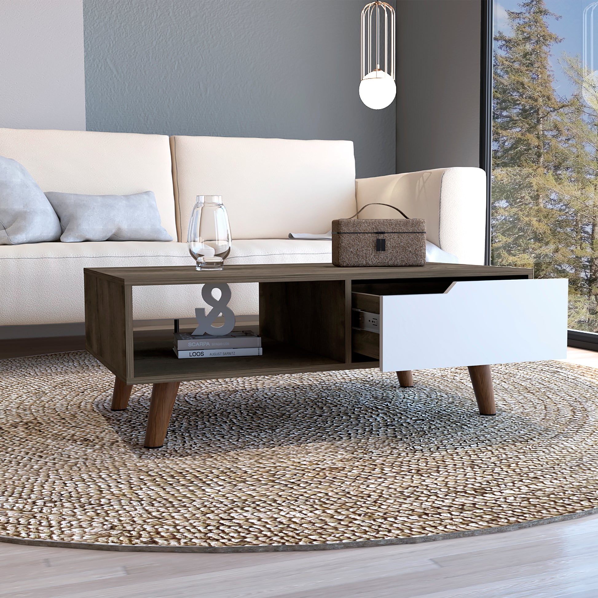 Midcentury modern coffee table with two open shelves and one white drawer featuring a dark wood finish